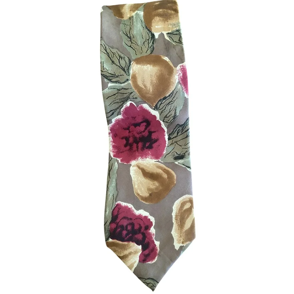 Pierre Cardin Mens Silk Necktie Floral Fruit Botanical Burgundy Tan Green‎ VTG